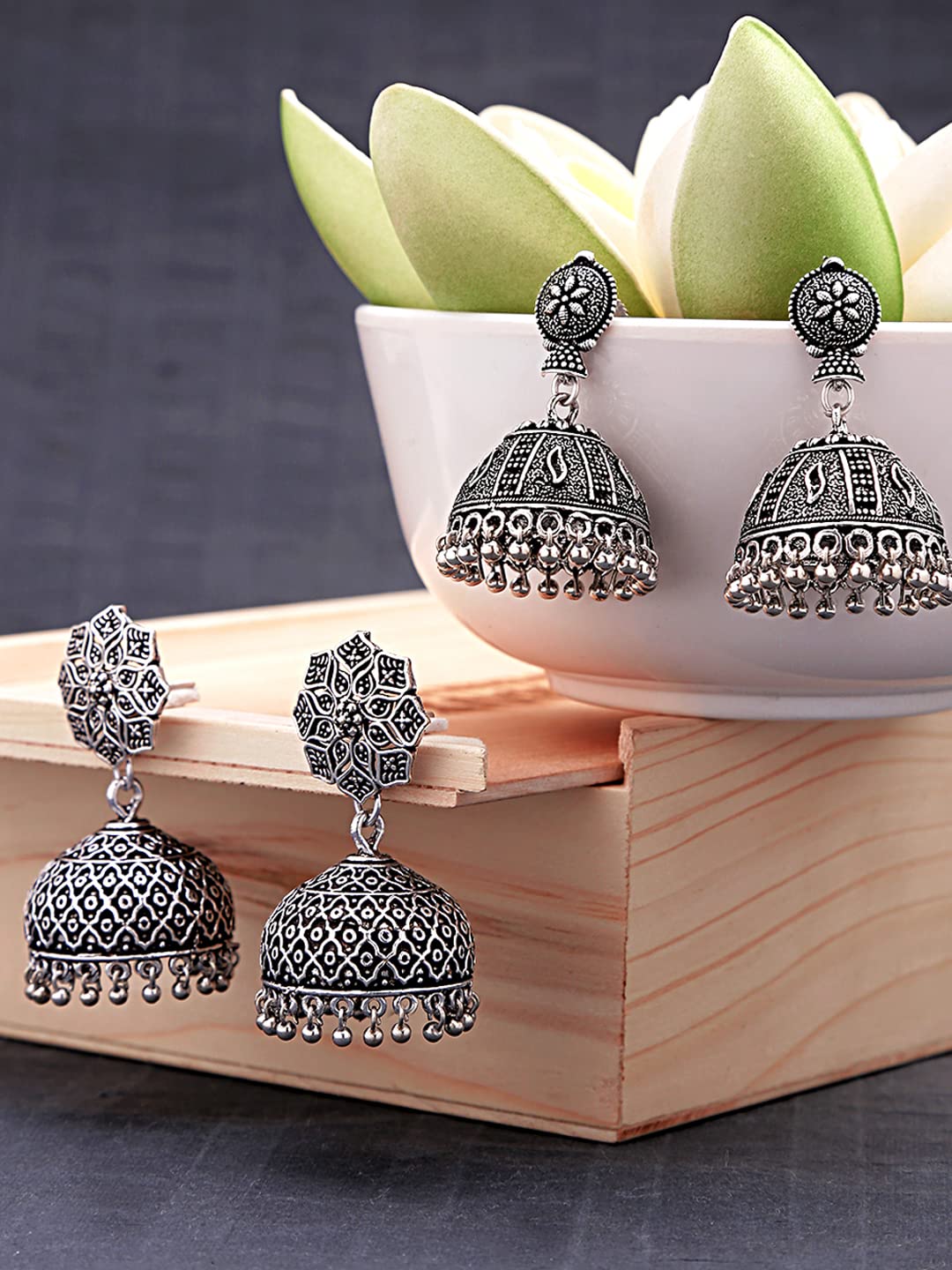 Yellow Chimes Earrings for Women and Girls | Traditional Silver Oxidised Jhumka | German Silver Earring Set | Floral Jhumkas Combo | Accessories Jewellery for Women | Birthday Gift For Girls and Women Anniversary Gift for Wife