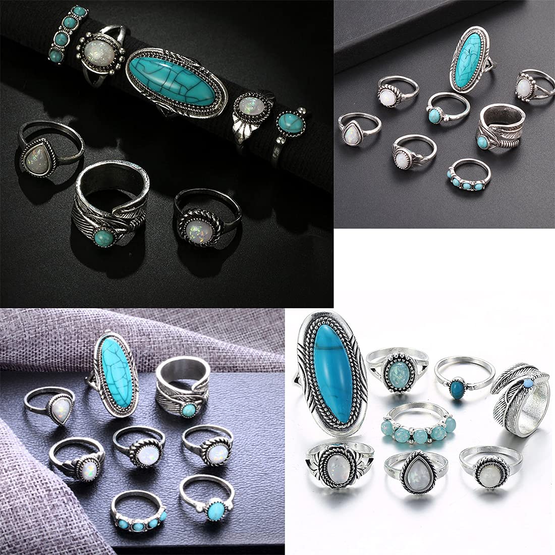 Yellow Chimes Rings for Women 8 Pcs Rings Set Turquoise Stone Vintage Style Midi Finger Silver Oxidised Knuckle Rings Set for Women and Girls.