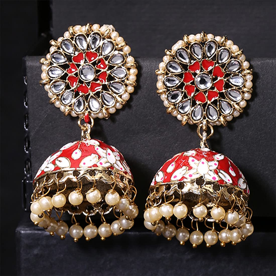 Yellow Chimes Jhumka Earrings for Women Meenakari Jhumka Earrings Handcrafted Gold Toned Traditional Red Jhumka/Jhumki Earrings for Women and Girls