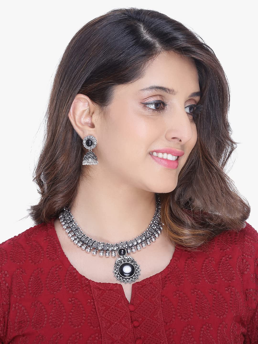 Yellow Chimes Oxidized Silver Kolhapuri Necklace Set with Jhumka Earrings Jewellery Set for Women (Oxidized Silver, Black) (YCTJNS-01CHOKR-BK)