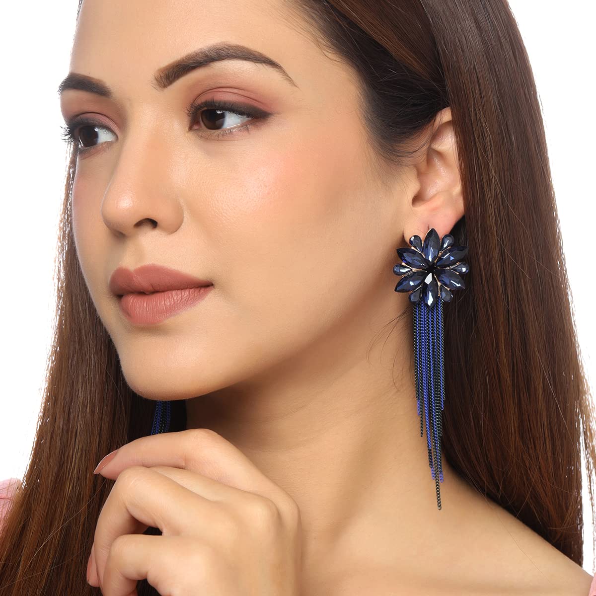 Yellow Chimes Crystal Danglers Earrings for Women Floral Shaped Crystal Blue Long Chain Dangler Earrings for Women and Girls