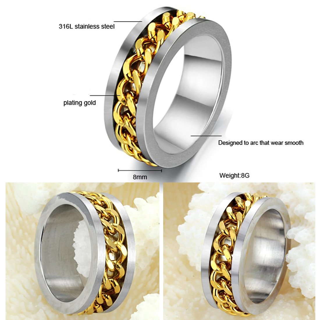 Yellow Chimes Rings for Men Tough Dude Chain Ring Stainless Steel Golden Chain Rings for Men and Boys.