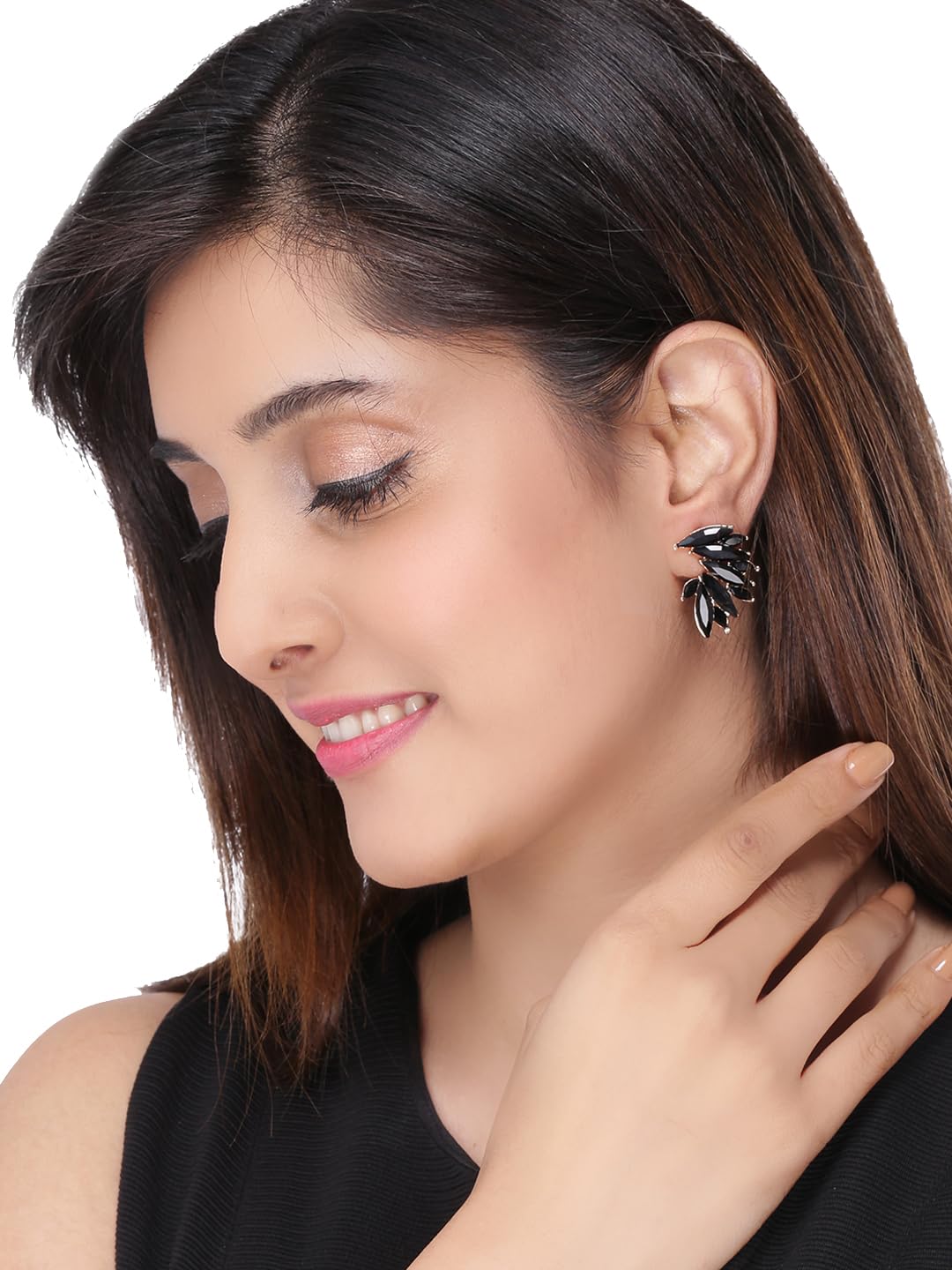 Kairangi Elegant Gold Plated Crystal Clip On Stud Earrings for Women and Girls (Black)