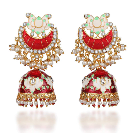 Yellow Chimes Celebrity Choice Meenakari Handcrafted 18k Gold Plated Copper Red Golden Lotus Meenakari Traditional Jhumka/Jhumki Earrings for Women