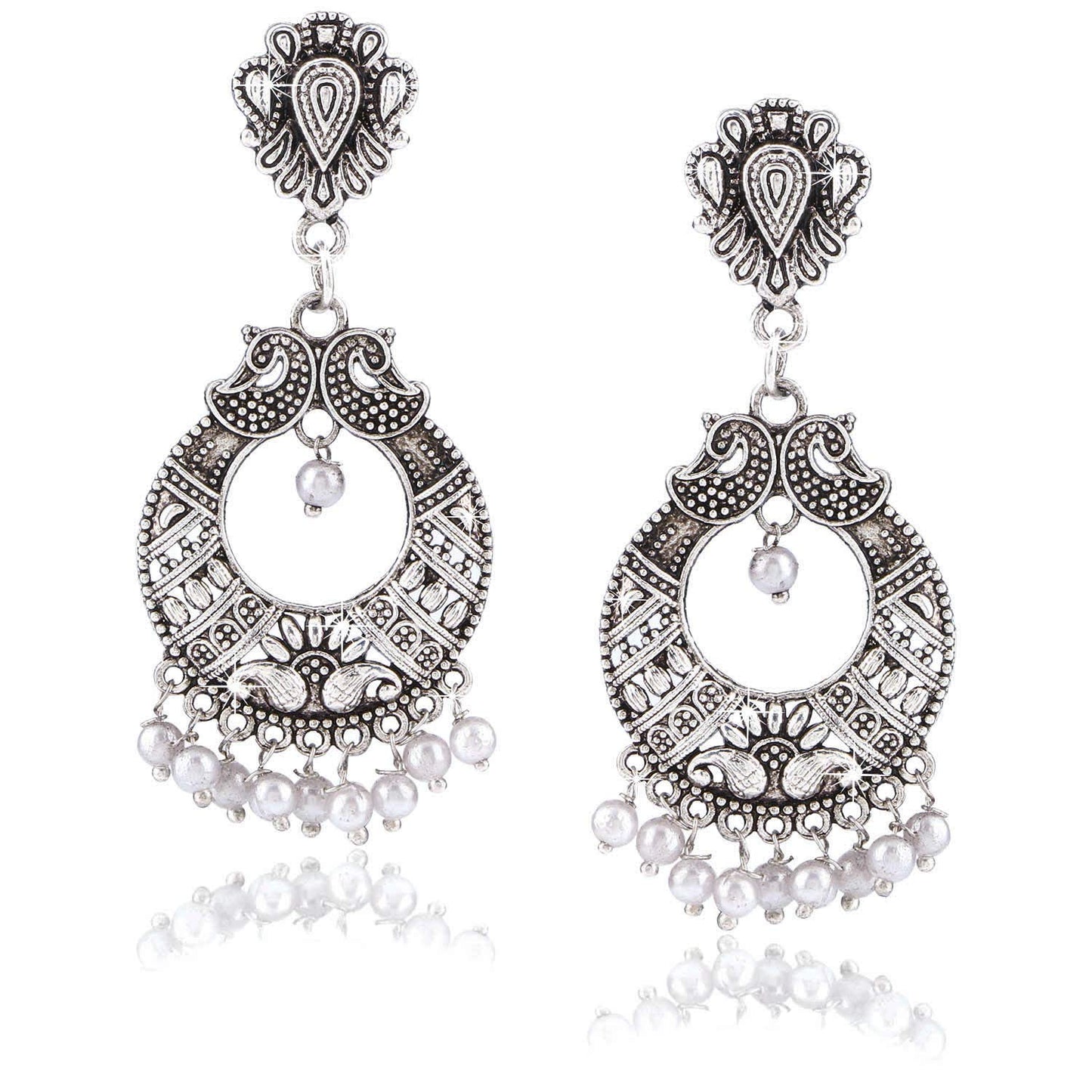 Yellow Chimes Combo Two Pairs Silver Oxidised Traditional Chand Bali Earrings for Women and Girls