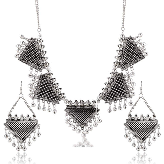 Yellow Chimes Statement Antique Necklace with Earrings Oxidised Jewellery Sets for Women and Girls