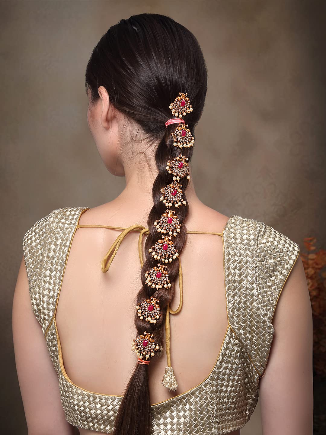 Yellow Chimes Jadai Billai for Women 9 Pcs Gold Plated Red Crystal Studded Beads Drop Choti Jadai Billai Hair Pin Bridal Hair Brooch Hair Jewellery for Women and Girls