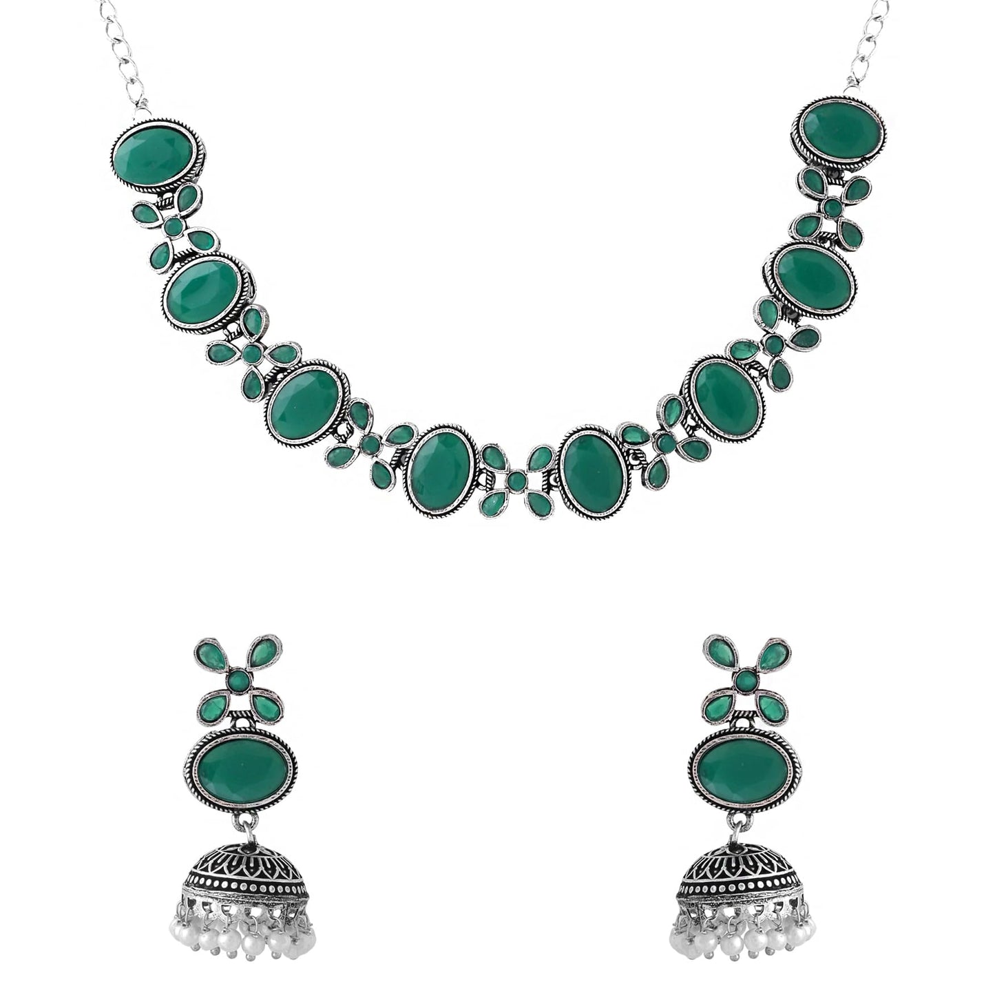 Yellow Chimes Necklace for Women and Girls Silver Oxidised Necklace for Women | Stone Studded Oxidised Silver Choker Necklace for women | Birthday Gift for girls and women Anniversary Gift for Wife