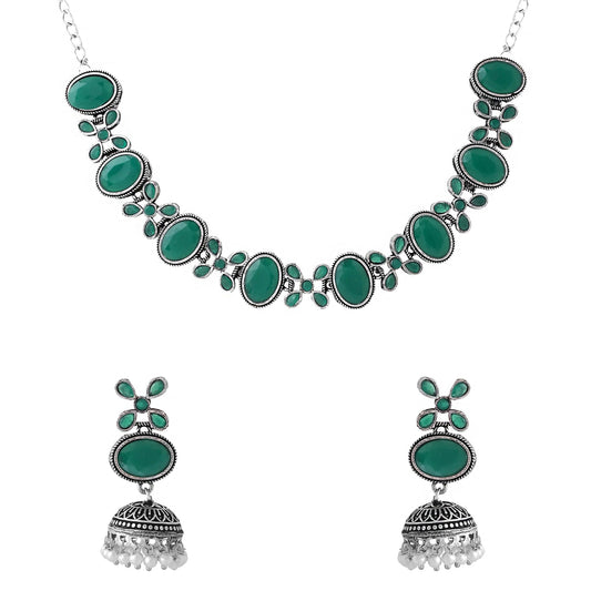 Yellow Chimes Necklace for Women and Girls Silver Oxidised Necklace for Women | Stone Studded Oxidised Silver Choker Necklace for women | Birthday Gift for girls and women Anniversary Gift for Wife