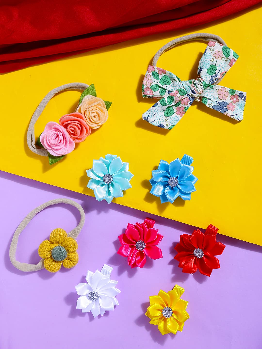 Melbees by Yellow Chimes Combo of 3 Stretcheable Hair Bands and 6 Floral Big Hair Clips Hair Accessories for Baby Infant (Pack of 9), Multi-Color, Medium