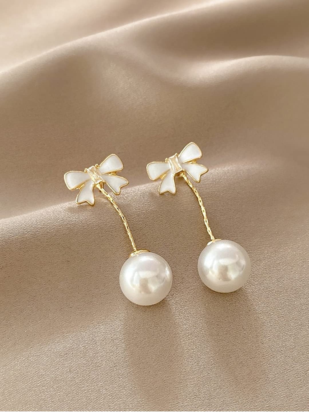 Yellow Chimes Earrings For Women Statement Bow Shaped Stud Pearl Hanging Back Drop Earrings For Women and Girls