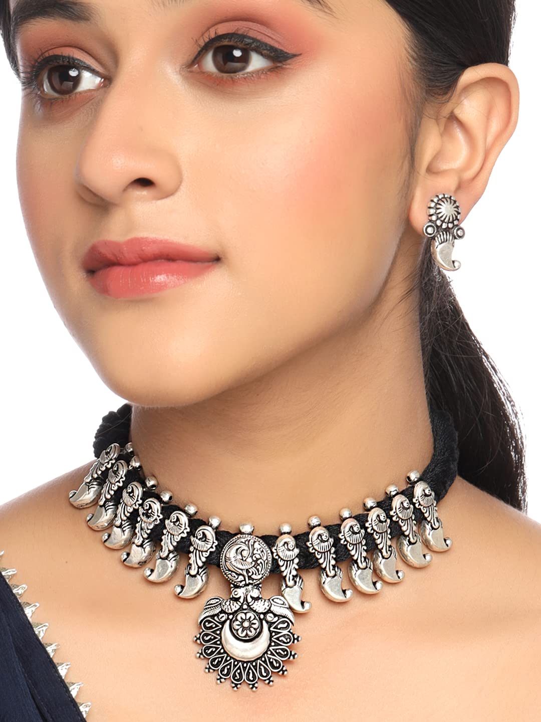 Yellow Chimes Oxidised Necklace Set Silver Kolhapuri Necklace Traditional Necklace Set For Women & Girls