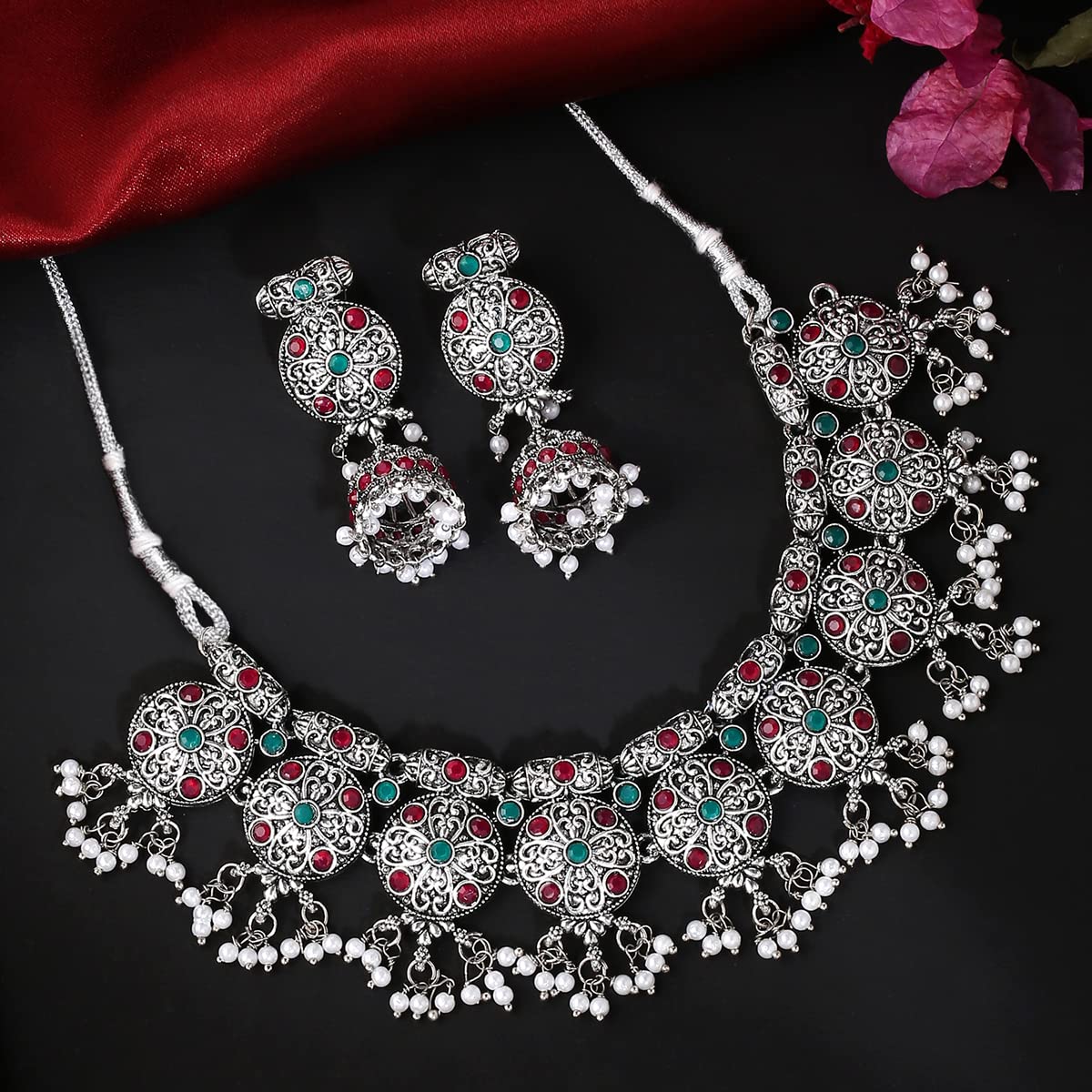 Yellow Chimes Oxidised Jewellery Set for Women Silver Oxidised Jewelry Studded Multicolor Stoned Choker Necklace Set With Earrings for Women and Girls (Style 4)