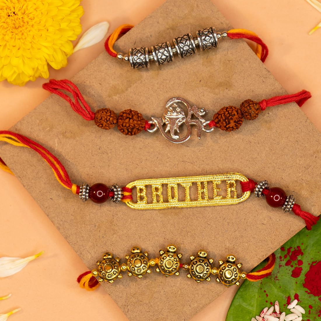 Yellow Chimes Rakhi for Brother | Combo of 4 Rakhi Set for Brother | Traditional Gold and Silver Plated Rakhi Set for Brother and Sister| Rakhi with Roli, Chawal and Greeting Card