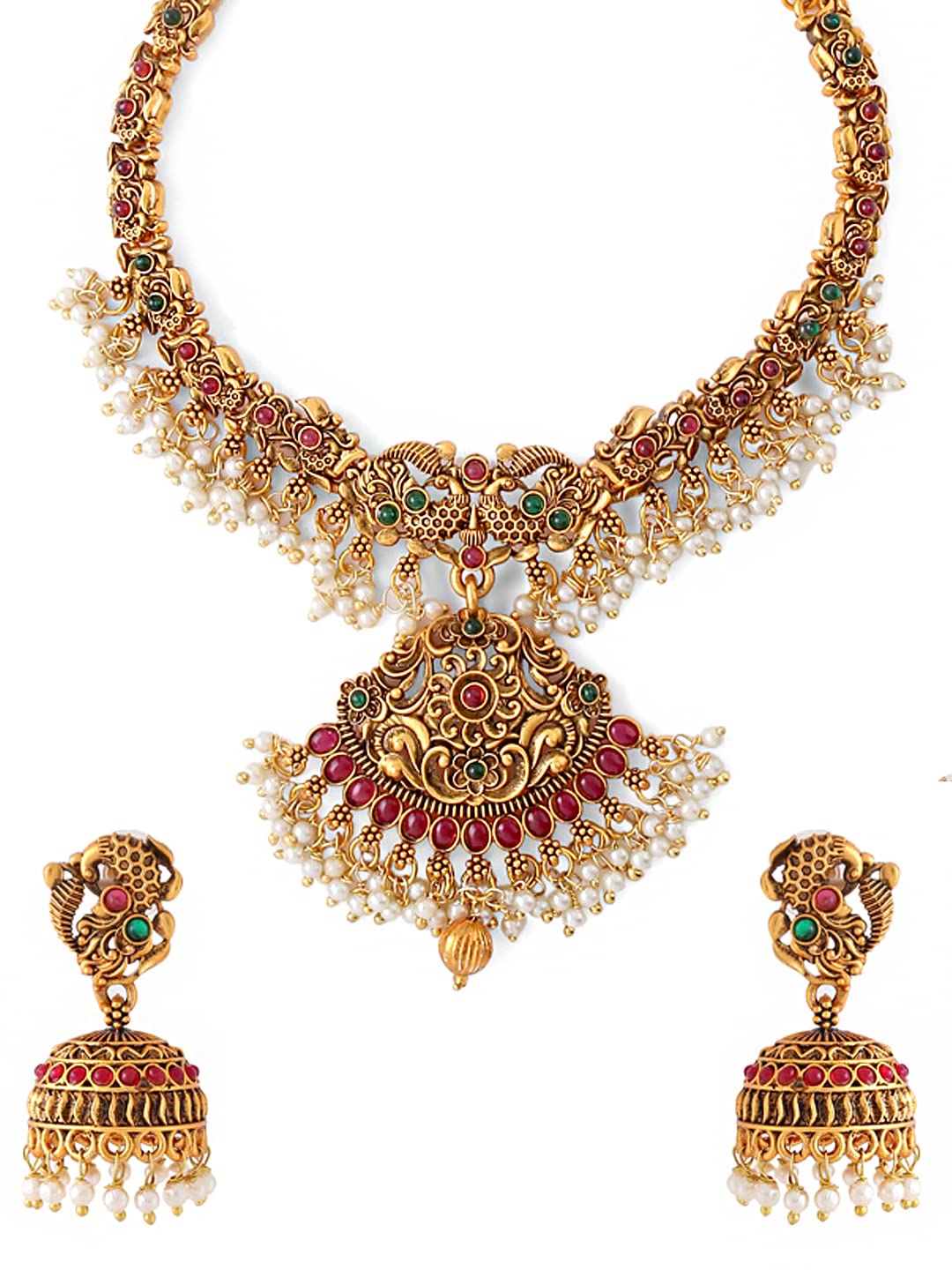 Yellow Chimes Necklace Set For Women And Girls Traditional Jewellery set for women Gold-Plated Temple Necklace Set Stone-Studded Necklace Set For Women & Girls