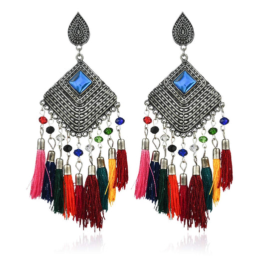 Yellow Chimes Oxidized Silver Traditional Fabric Danglers Earrings For Women & Girls