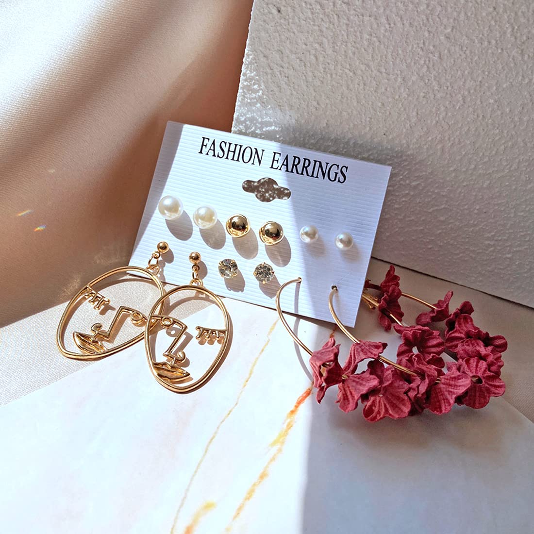 Yellow Chimes Latest Fashion Designs Combo of 12 Pairs Gold Plated Pearl Thread Dangle Stud Hoop Earrings Set for Women and Girls, Medium