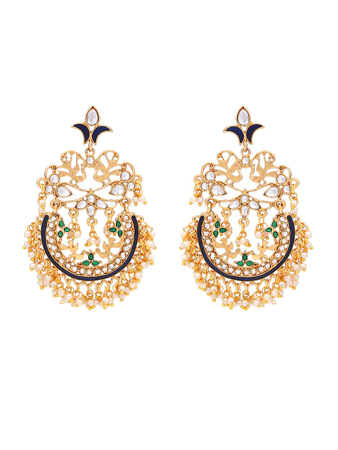 Yellow Chimes Chandbali Earrings for Women Ethnic Gold Plated Kundan Studded Peacock Design Pearl Moti Chand bali Earrings for Women and Girls