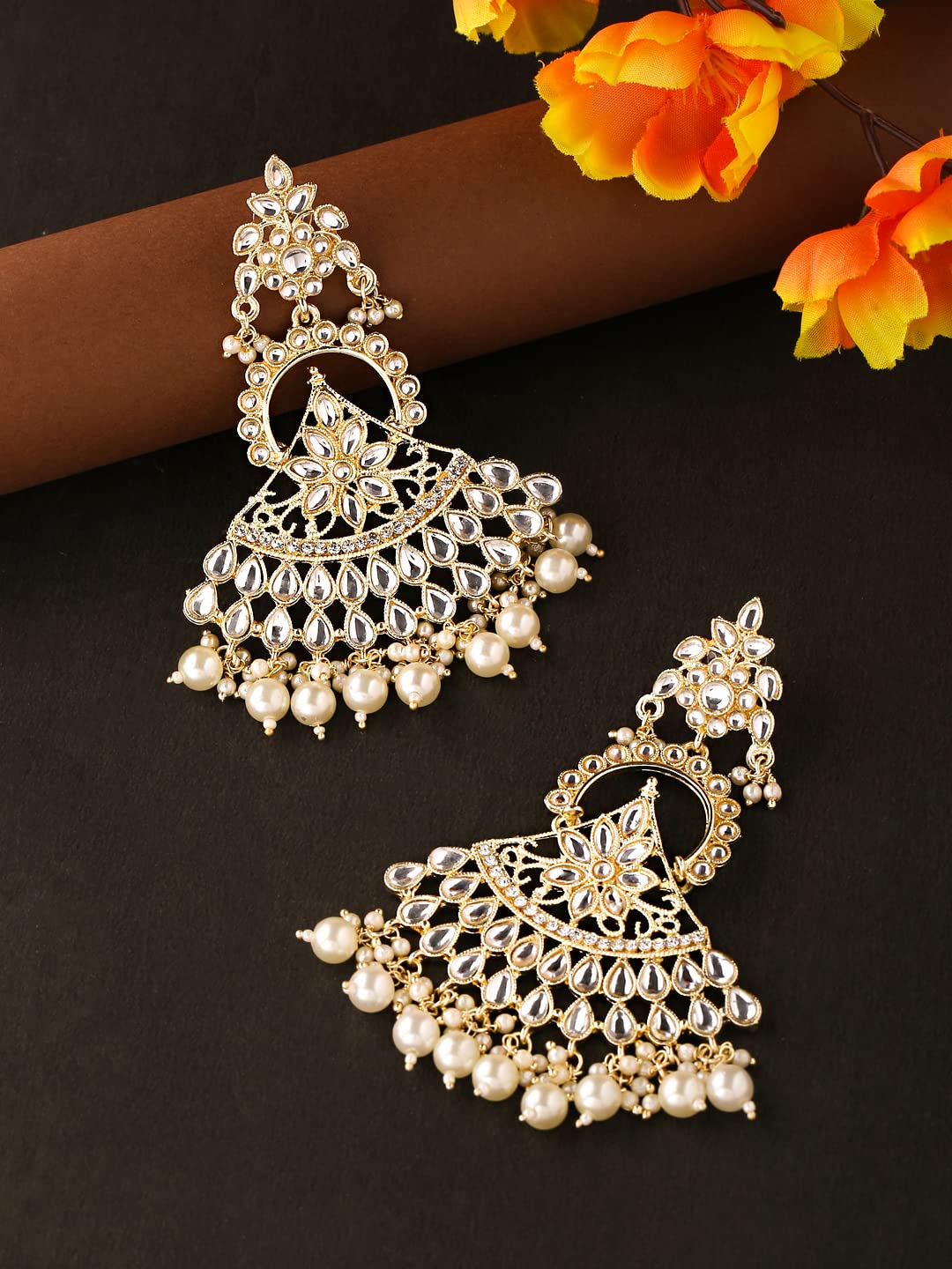 Yellow Chimes Earrings for Women Gold Toned Kundan Studded Multilayer Pearl Drop Dangler Earrings for Women and Girls