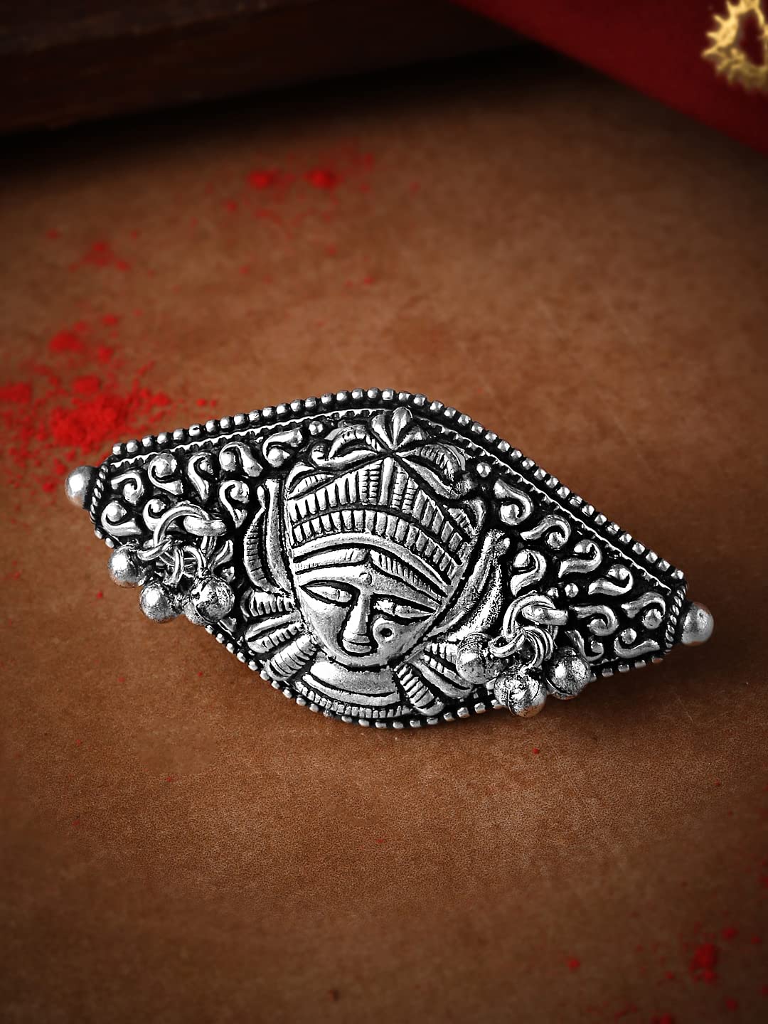 Yellow Chimes Oxidised Silver Ring For Women Ethnic Kolhapuri Durga Design Adjustable Ring For Women & Girls