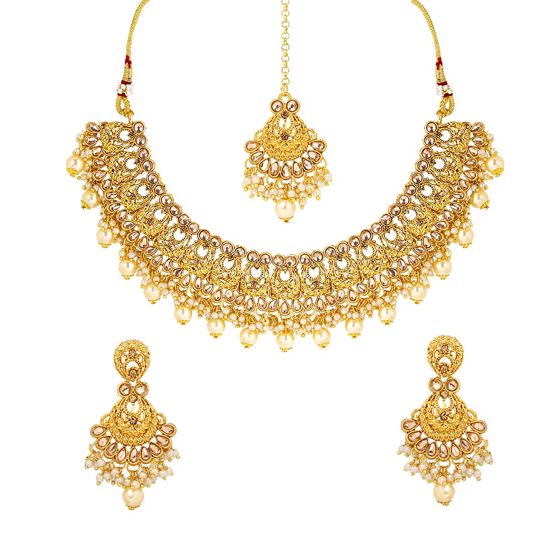 Yellow Chimes Ethnic Gold Plated Studded Kundan Beads Jewellery Set Traditional Choker Necklace Set with Earrings and maang Tikka for Women and Girls, Medium, YCTJNS-16DESGCK-GL