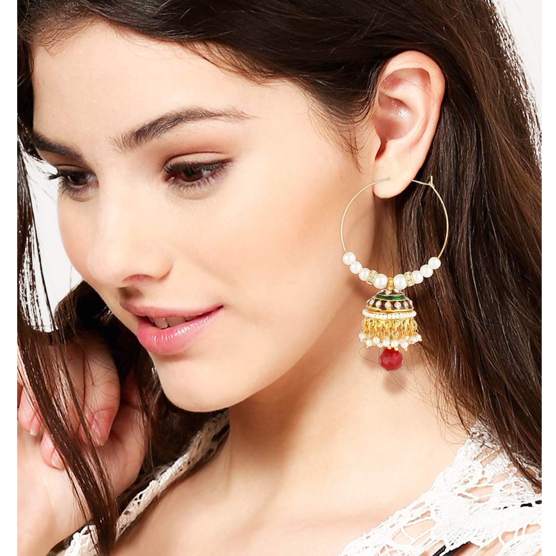 Yellow Chimes Exclusive Traditional Meenkari Moti Work Hoops Jhumki Earrings for Women and Girls