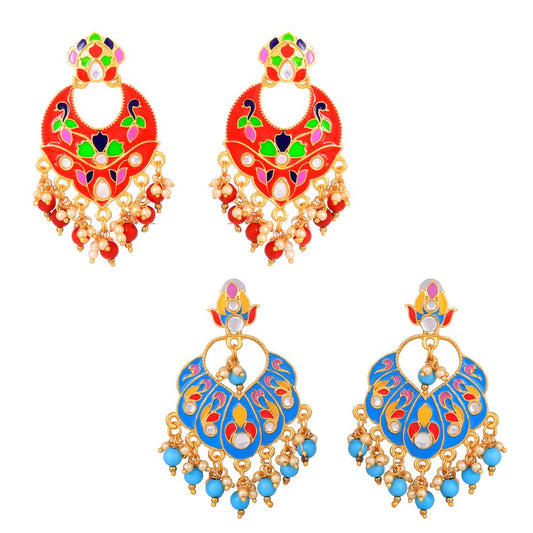 Yellow Chimes Combo 2 Pairs Stylish Meenakari Chandbali Earrings for Women and Girls…