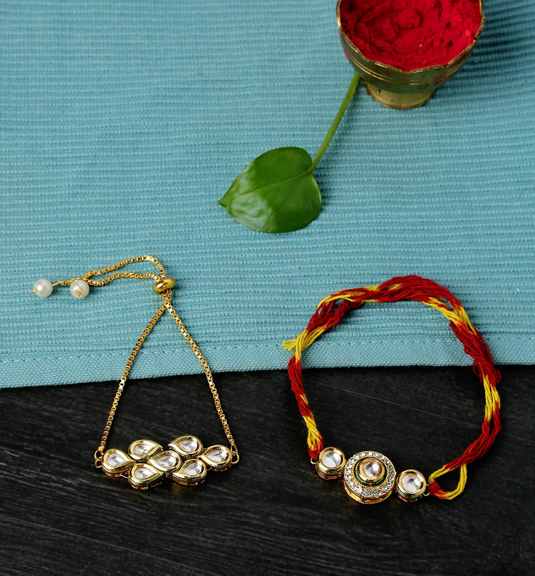 Yellow Chimes Rakhi for Brother and Bhabhi Gold Plated Kundan Bhaiya Bhabhi Rakhi Set Handmade Dori Worked Rakhi Combo of 2 PCs Men Rakhi Bracelet With Roli & Chawal