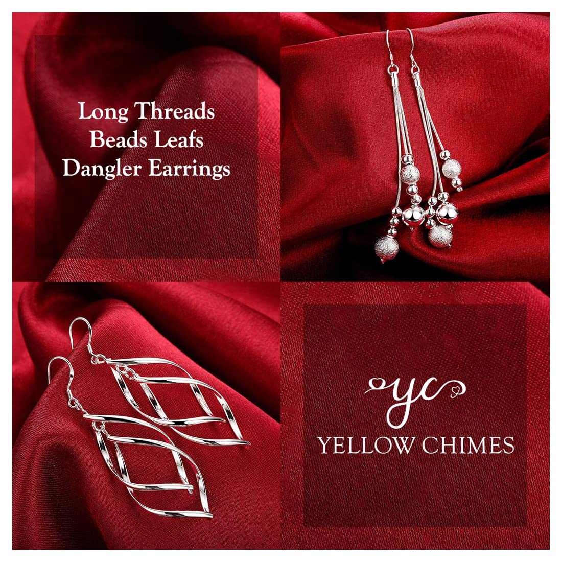 Yellow Chimes Earrings for Women and Girls | Fashion Silver Hanging Beads Dangler Earrings | Silver Tone Tassel Earring Set | Oval Shaped Western Long Danglers Earrings Combo | Accessories Jewellery for Women | Birthday Gift for Girls and Women