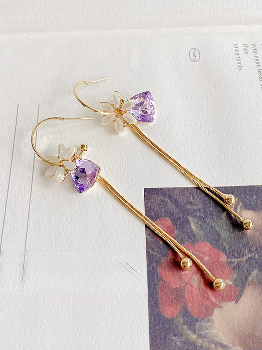 Yellow Chimes Earrings For Women Gold Tone Flower Designed Purple Crystal Long Chain Tassel Drop Dangler Earrings For Women and Girls