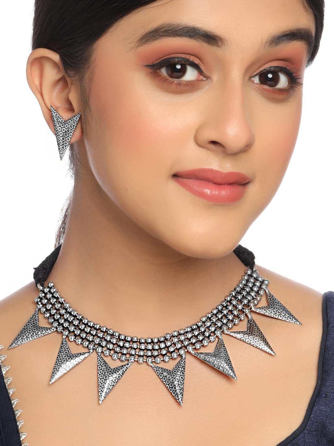 Yellow Chimes Oxidised jewellary set for girls and women Silver-Plated Necklace Set Geometric Triangular Design Modern Choker Necklace Set For Women & Girls