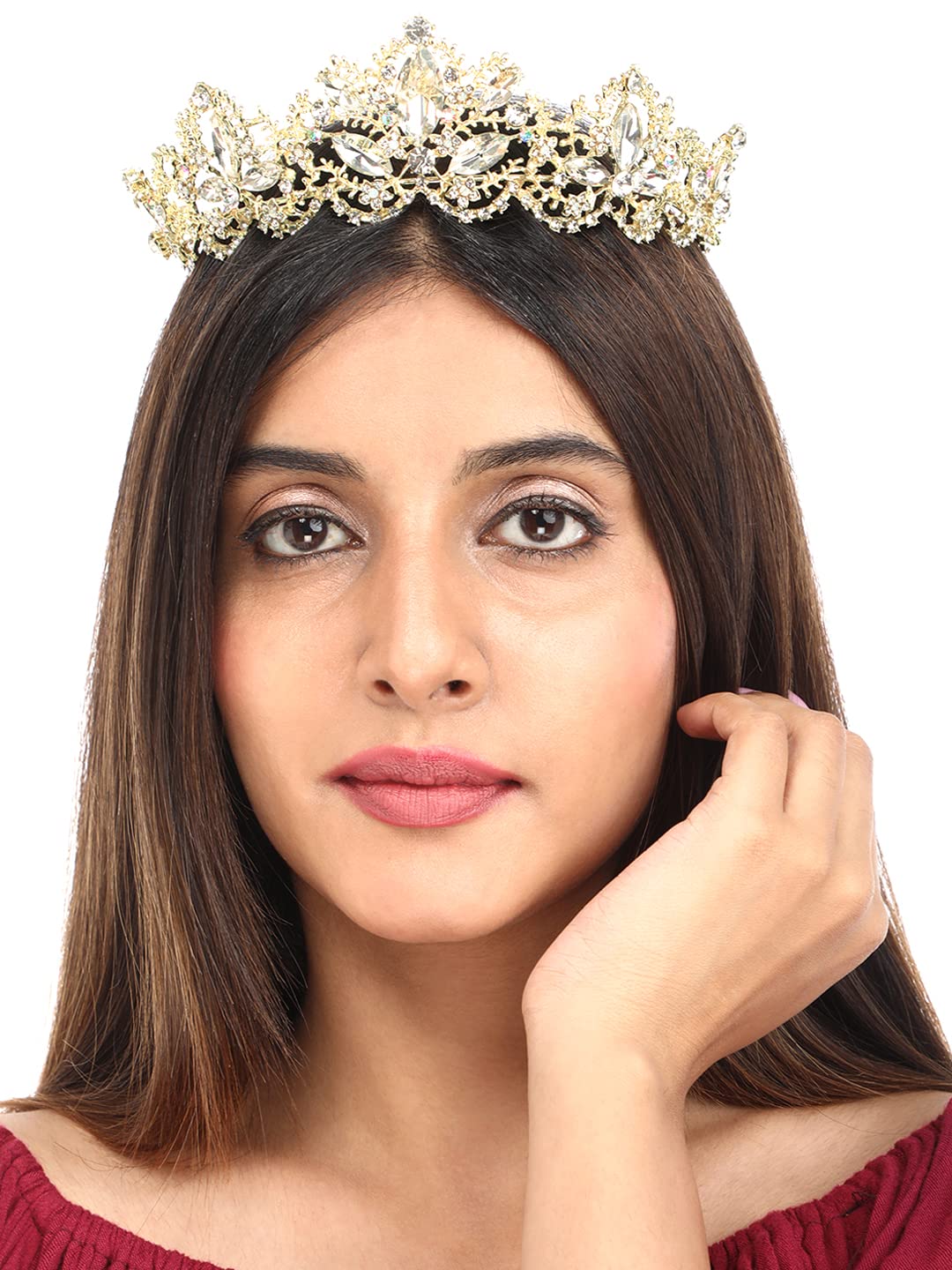 Yellow Chimes Tiara for Women and Girls Silver Plated Crown for Women Leafy Floral Pink Crystal Studded Bridal Wedding Crown Tiaras for Women and Girls Gift For Women & Girls Valentine Gift for Girls