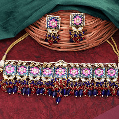 Yellow Chimes Ethnic Gold Plated Kundan Beads Flower Design Jewellery Set Pink Blue Meenakari Choker Necklace Set for Women and Girls, Multicolour, Medium (YCTJNS-22SQRFLW-MC)