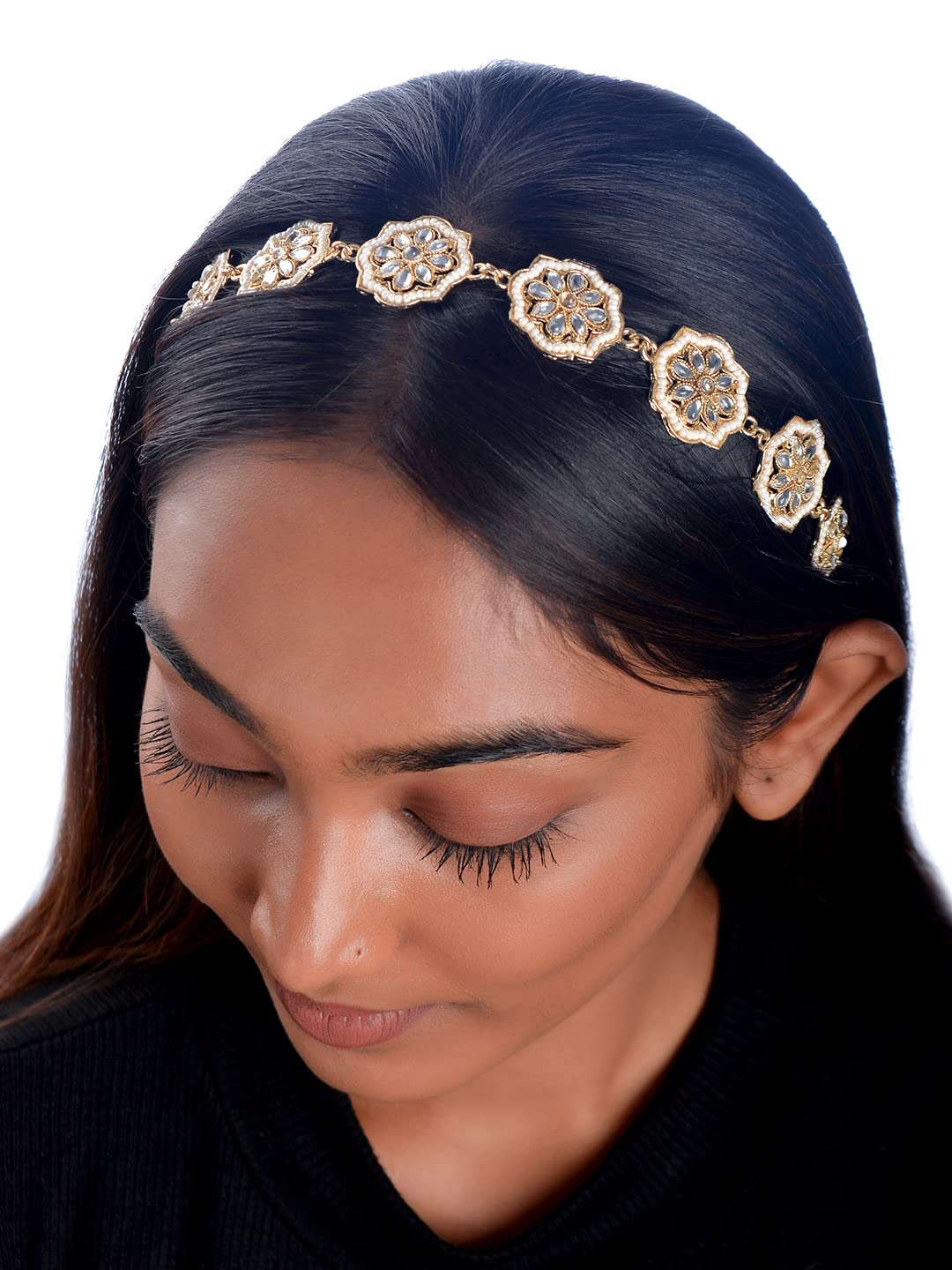 Yellow Chimes Head Chain for Women Traditional Headband Gold Plated Kundan Studded Hairband Matha patti Jewellery Necklace for women and Girls