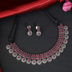 Yellow Chimes Oxidised Jewellery Set for Women Silver Oxidised Jewelry Studded Pink Stoned Choker Necklace Set With Earrings for Women and Girls