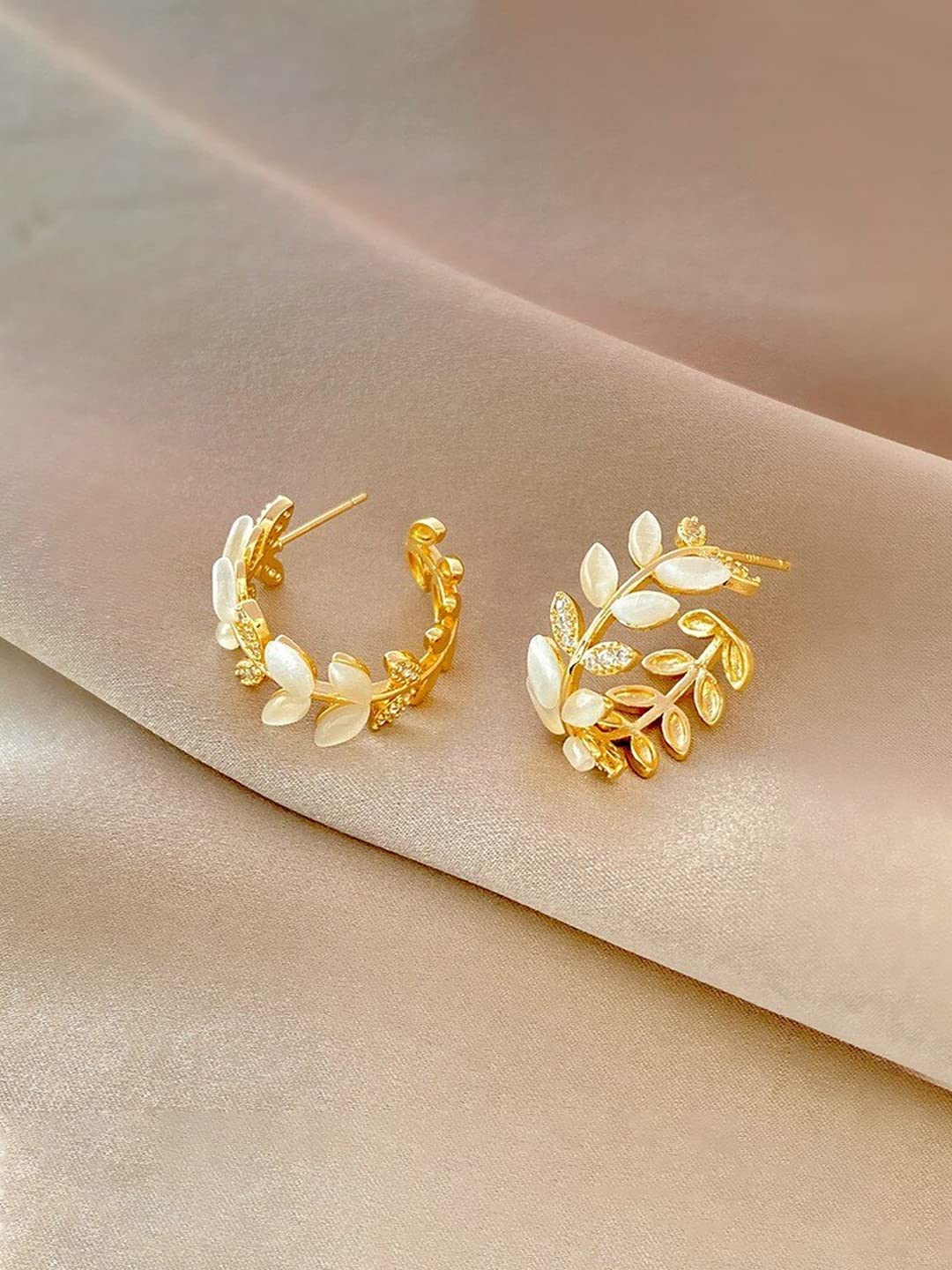 Yellow Chimes Earrings For Women Gold Toned Leaflet Designed Crystal Stone Studded Half Bali Clip On Hoop Earrings For Women and Girls