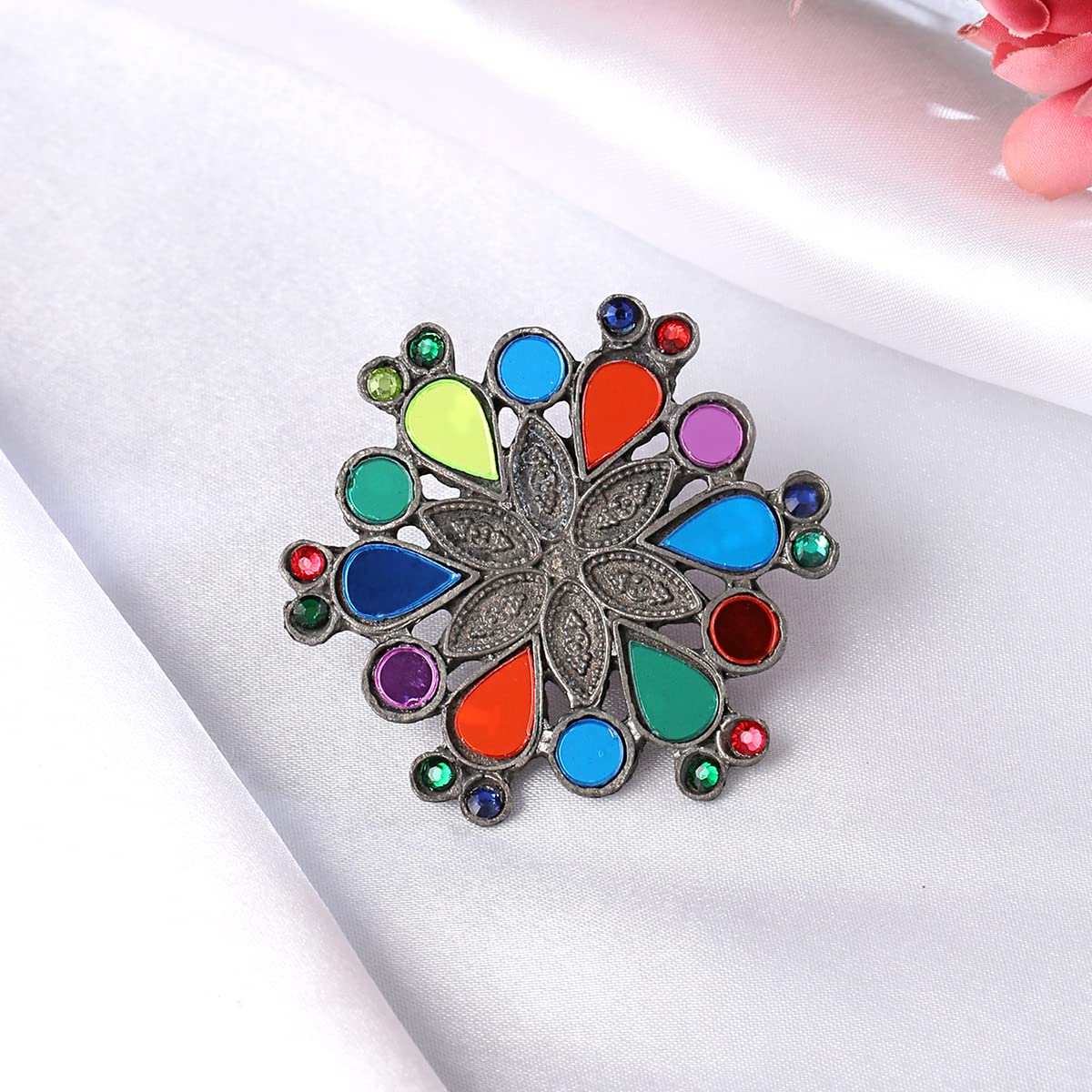 Yellow Chimes Rings For Women Afgahni Silver Oxidised Floral Designed Multicolor Stone Studded Antique Finger Ring For Women and Girls