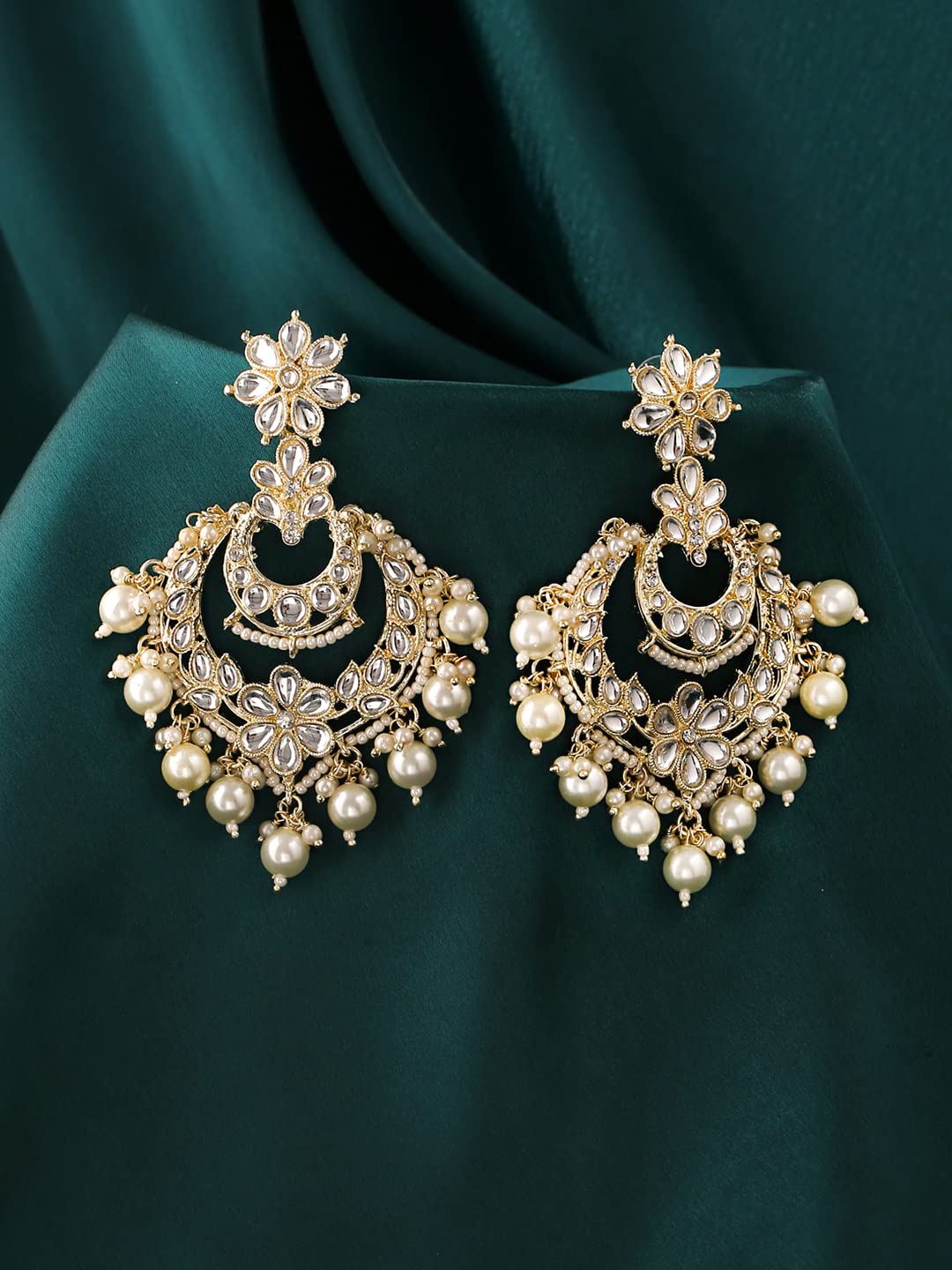 Yellow Chimes Earrings for Women Gold Toned Kundan Studded Pearl Drop Chandbali Designed Drop Earrings for Women and Girls