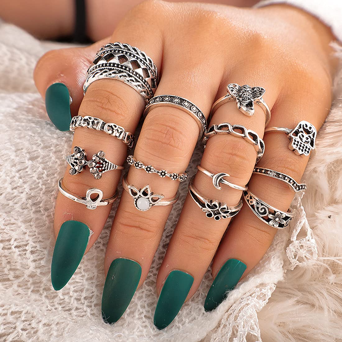 Yellow Chimes Rings for Women and Girls Fashion Aesthetic Ring Set Oxidised Silver Toned Aesthetic Rings Vintage Style Midi Finger 13 PCS Knuckle Rings Set | Birthday Gift For Girls & Women