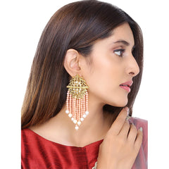 Yellow Chimes Ethnic Gold Plated Kundan Studded Peach Pearl Dangler Earrings for Women and Girls, Peach, Gold, Medium (YCTJER-82KUDHNG-PCH)