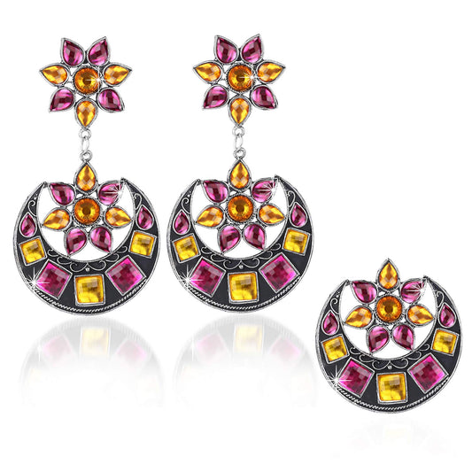 Yellow Chimes Oxidized Silver Traditional Earrings Adjustable Ring Combo for Women and Girls (Pink)