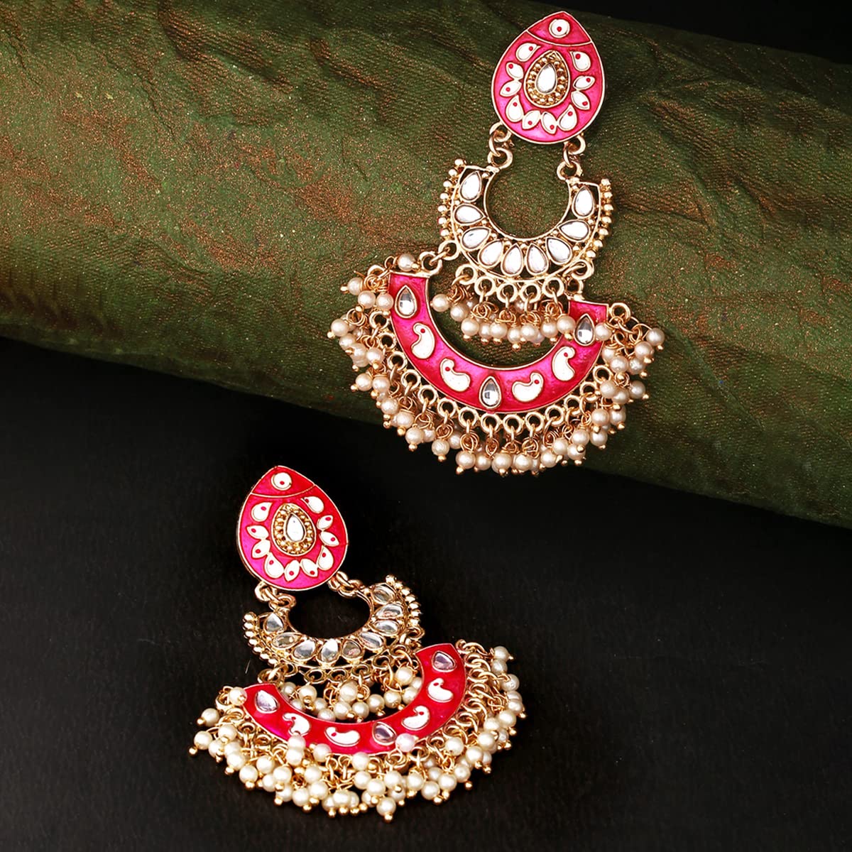 Kairangi Meenakari Chandbali Earrings for Women Ethnic Gold Plated Handpainted Traditional Pink Chandbali Earrings for Women and Girls.