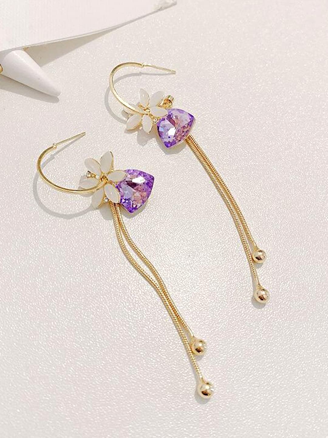 Yellow Chimes Earrings For Women Gold Tone Flower Designed Purple Crystal Long Chain Tassel Drop Dangler Earrings For Women and Girls