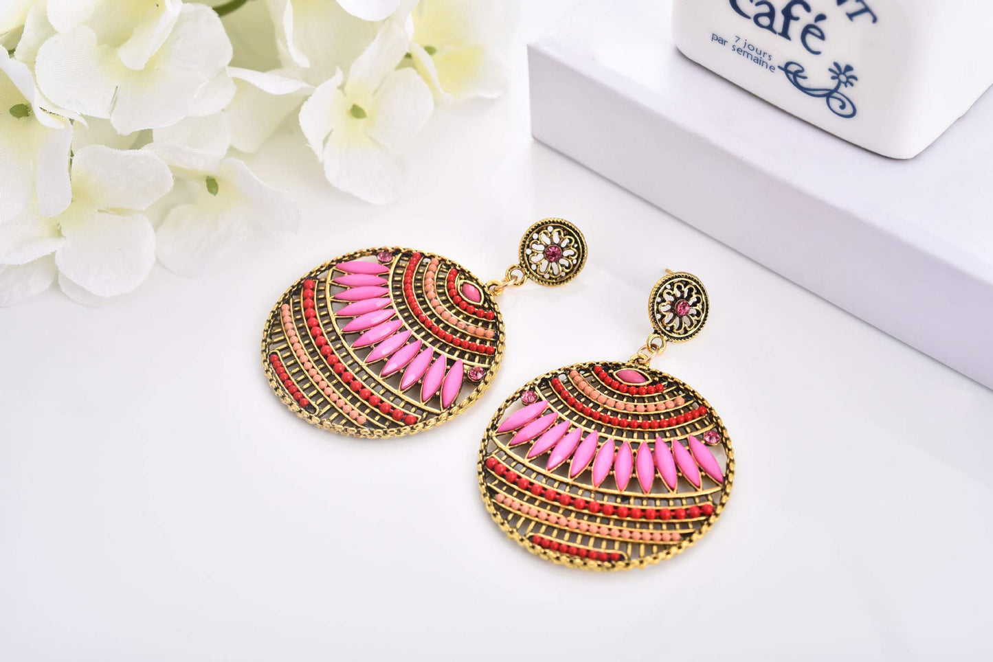 Yellow Chimes Gold Toned Pink Beads Circle Drop Earring for Women and Girls