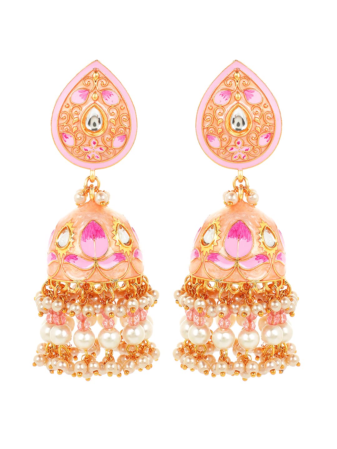 Yellow Chimes Ethnic Gold Plated Traditional Moti Beads Pink Meenakari Design Jhumka Earrings for Women and Girls, Medium (YCTJER-100MNKDOM-SPK)