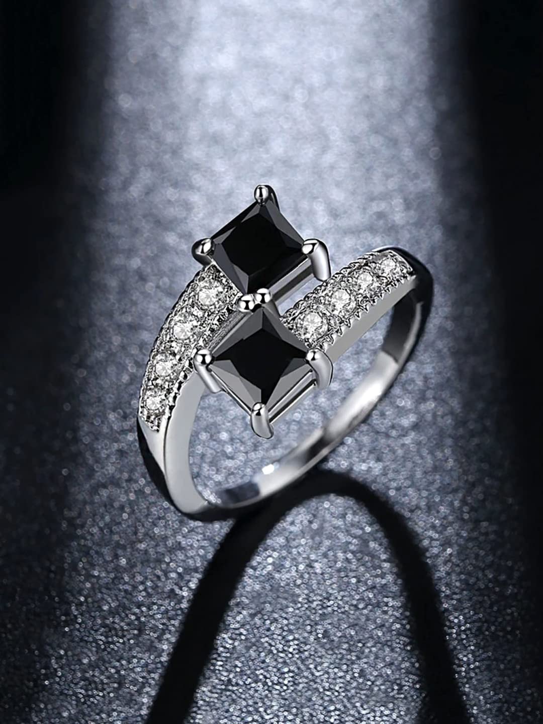 Yellow Chimes Rings for Women Crystal Ring Micro Inlaid Silver Plated Black Square Crystal Adjustable Ring for Women and Girls.