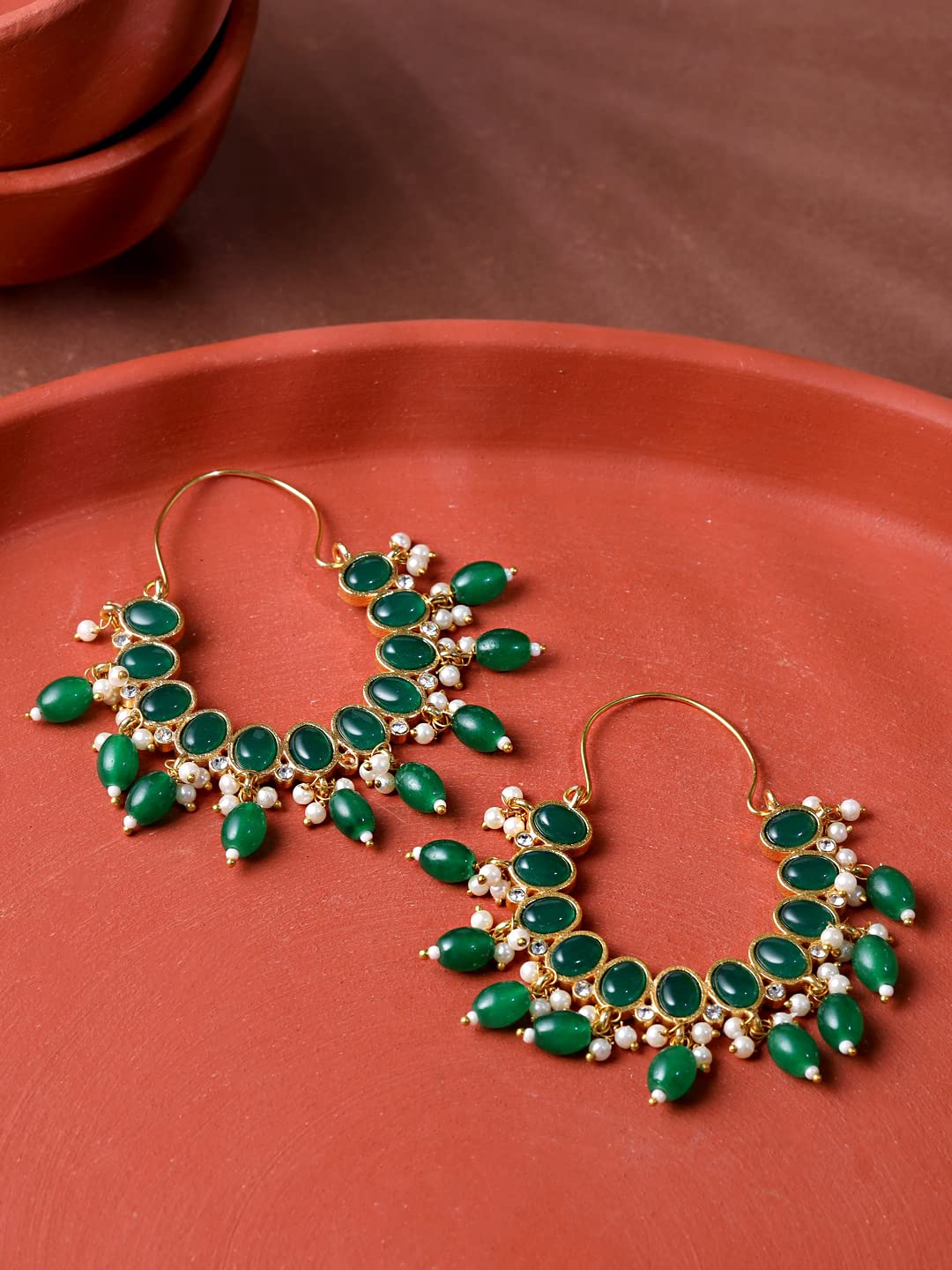 Yellow Chimes Earrings For Women Gold Toned Green Stone Studded Graceful Hoop Earrings For Women and Girls