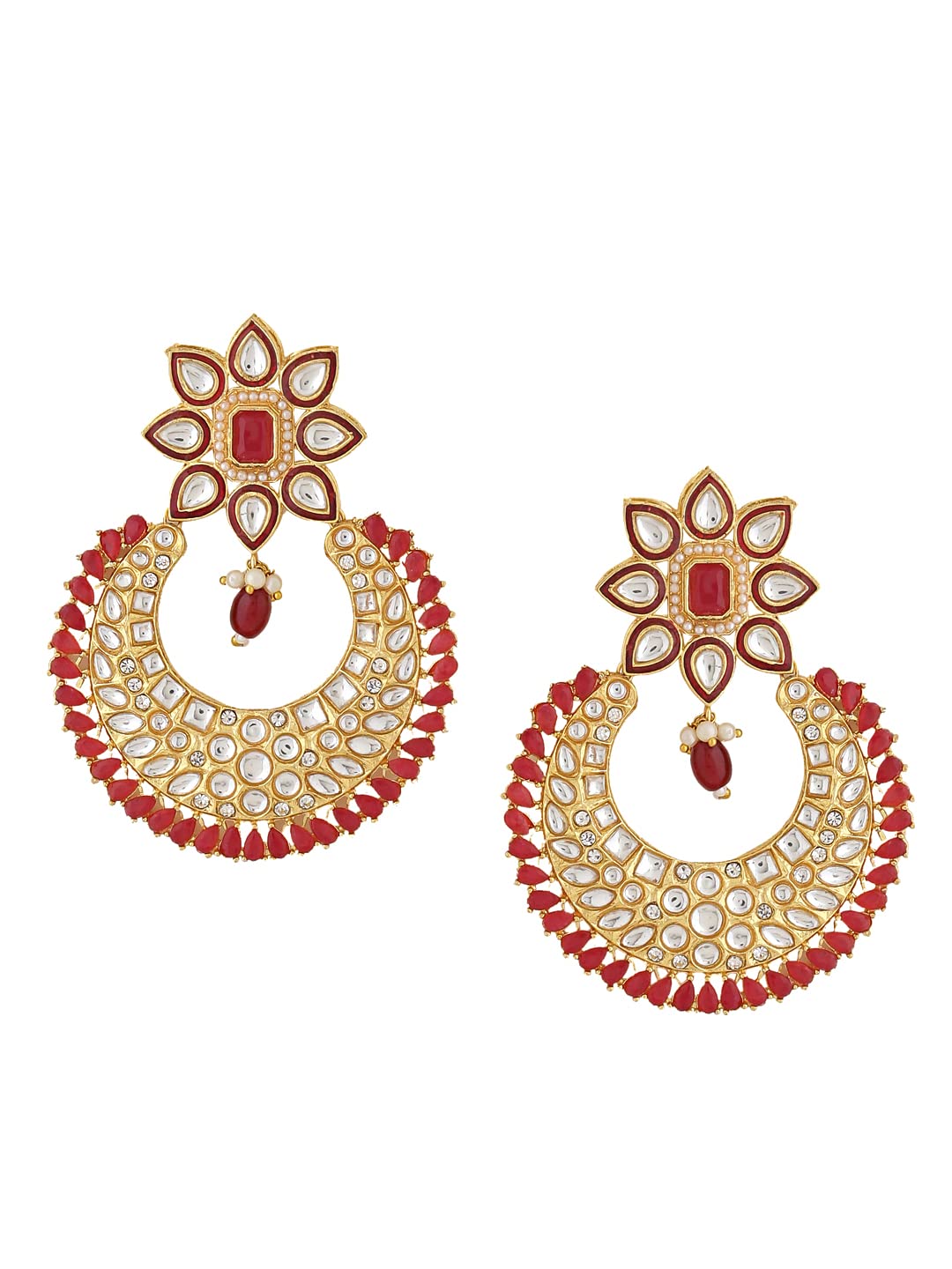 Yellow Chimes Earrings For Women Gold Tone White and Red Kundan Studded Chandbali Earrings For Women and Girls