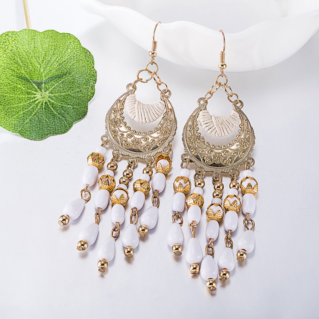 Yellow Chimes White Beads Dangle Earrings for Women and Girls