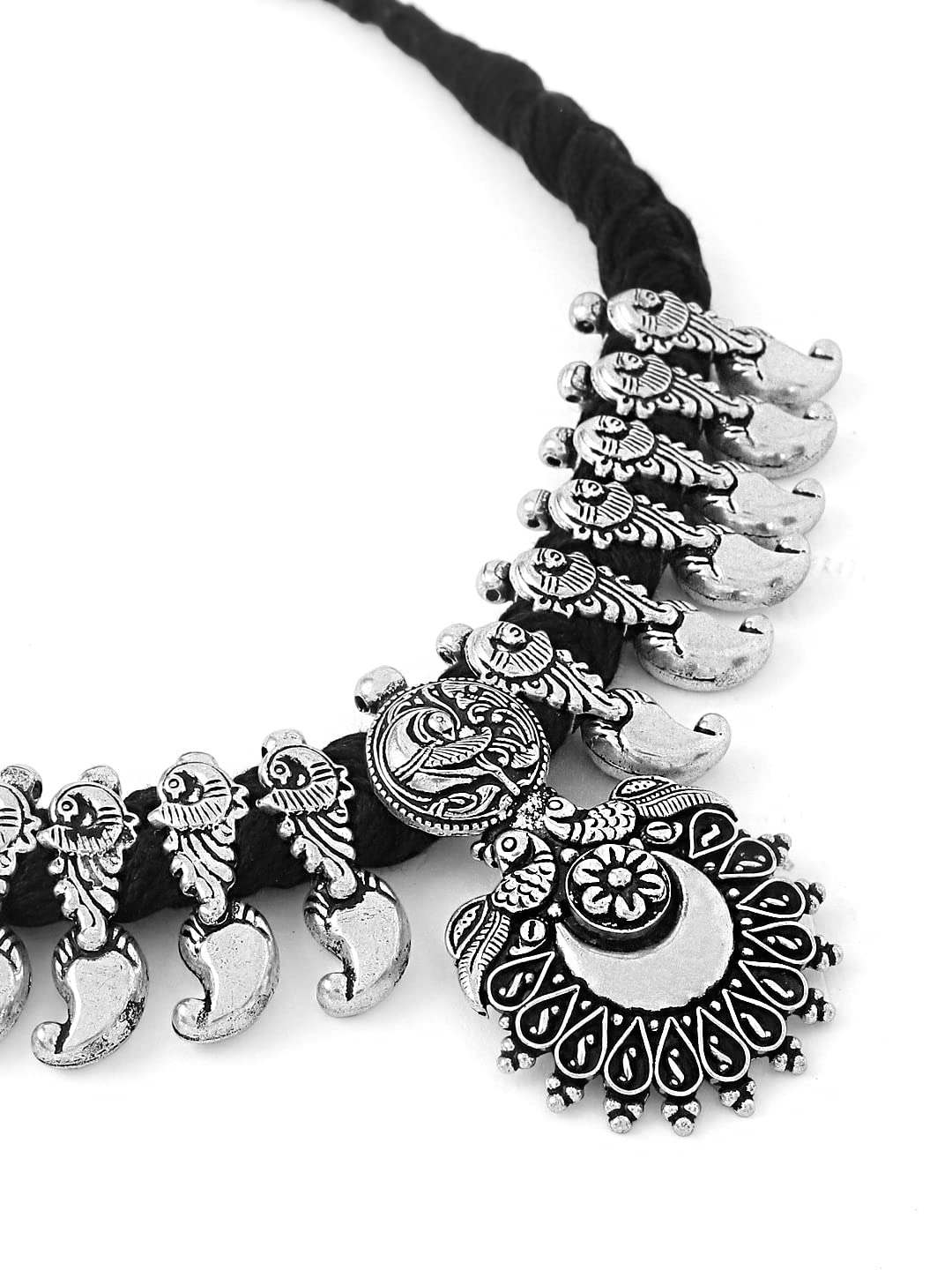 Yellow Chimes Oxidised Necklace Set Silver Kolhapuri Necklace Traditional Necklace Set For Women & Girls